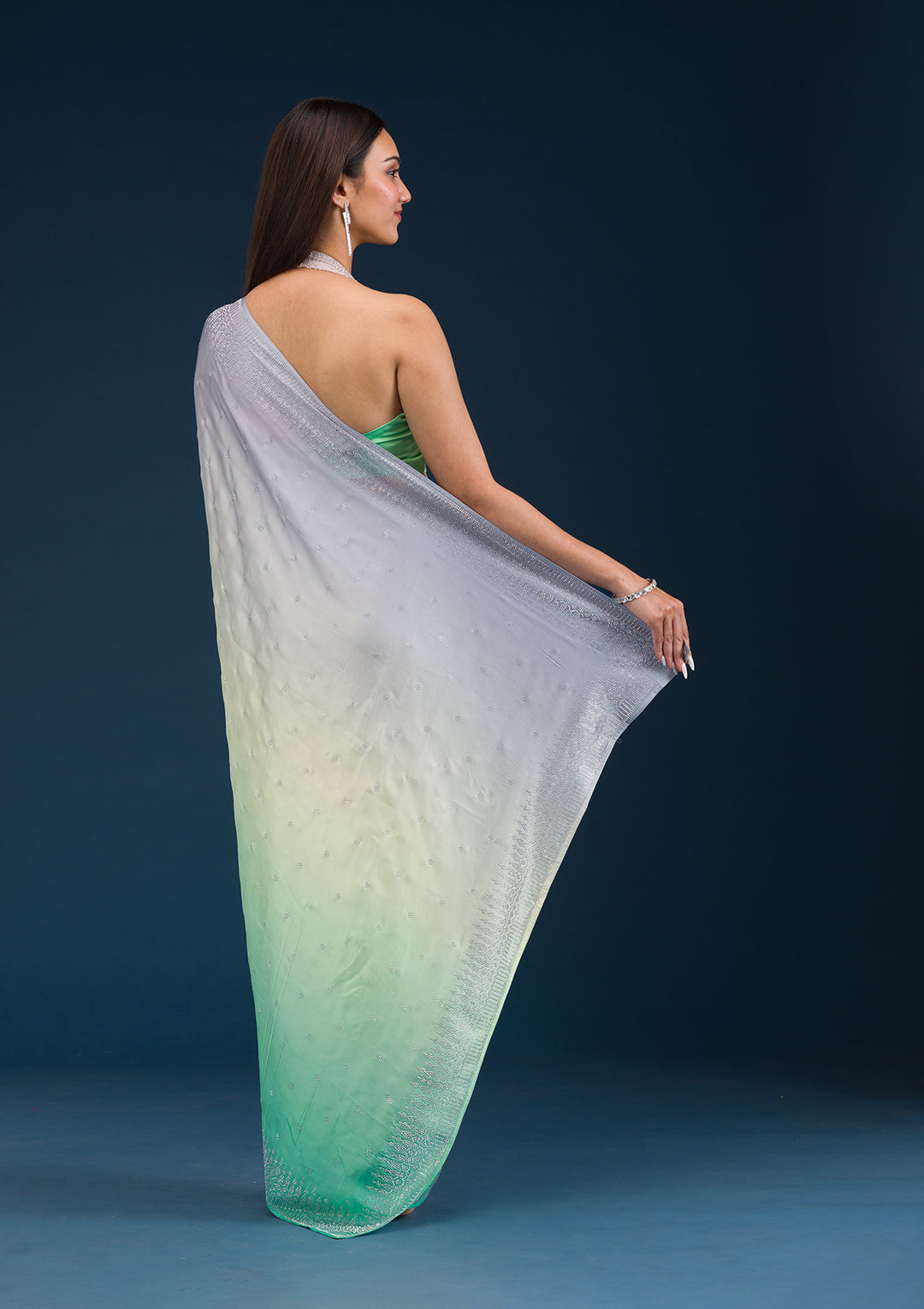 Grey Stonework Satin Saree - Image 7